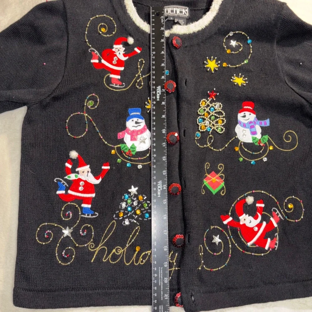 Vintage Berek Christmas Cardigan Sweater Womens Large Black Sequin Santa Holiday